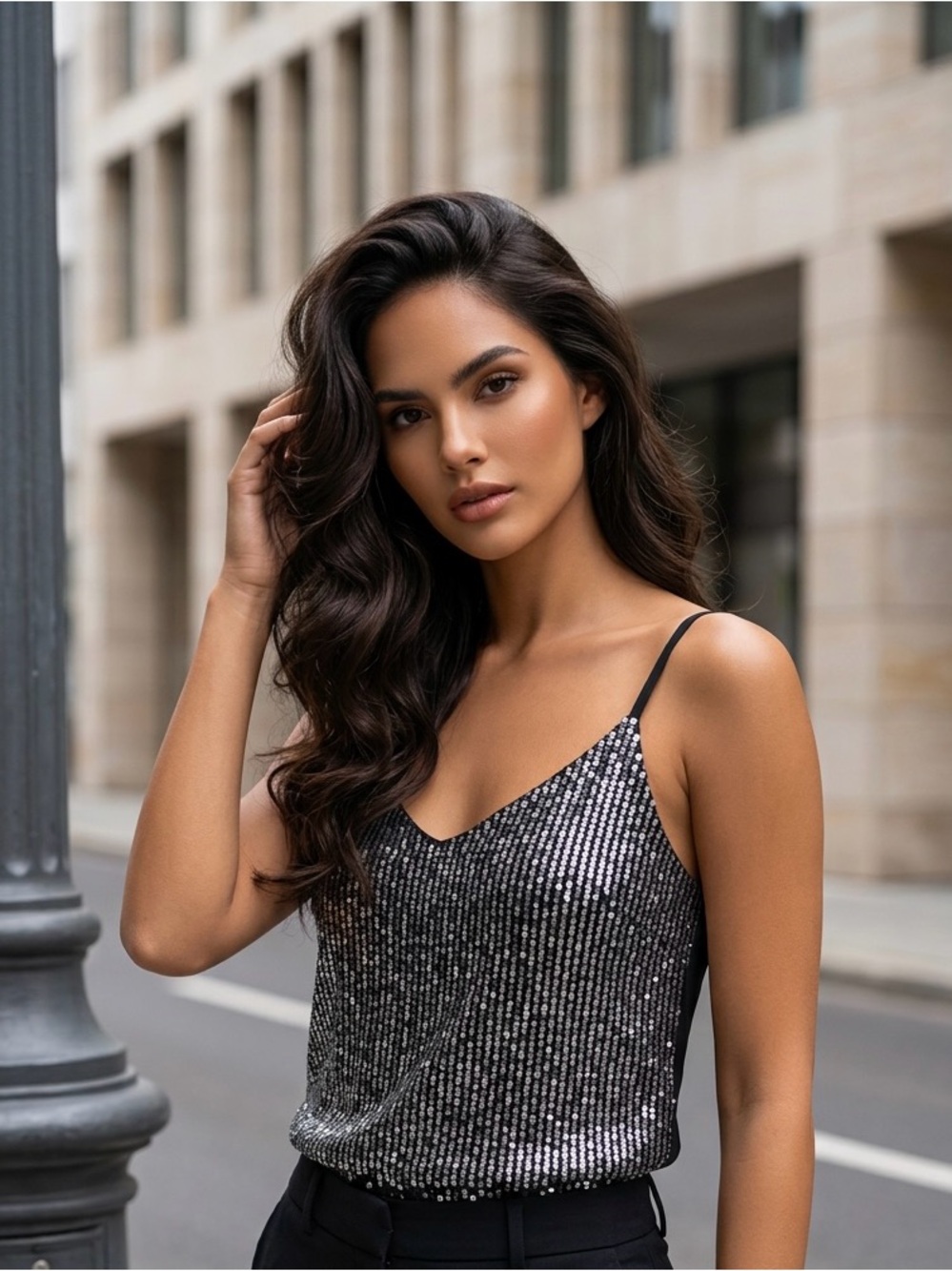 Black Silver Sequin Cami Top